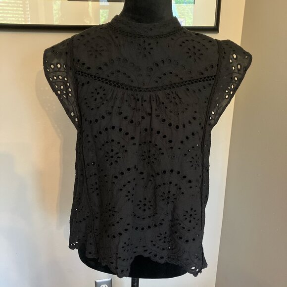 7 For All Mankind Tops - 7 For All Mankind short flutter sleeve black eyelet cotton top size medium